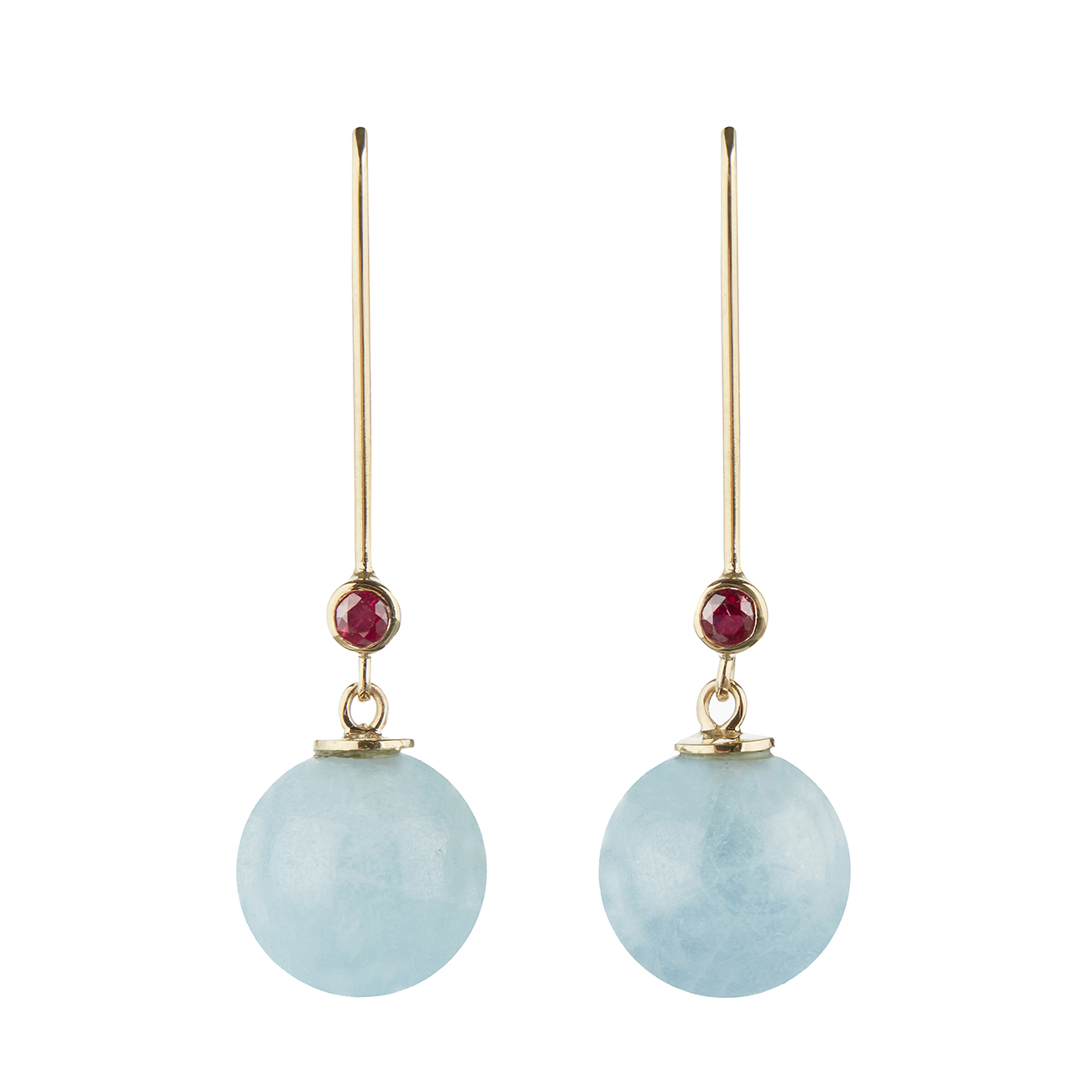 Gold earrings with aquamarine and ruby