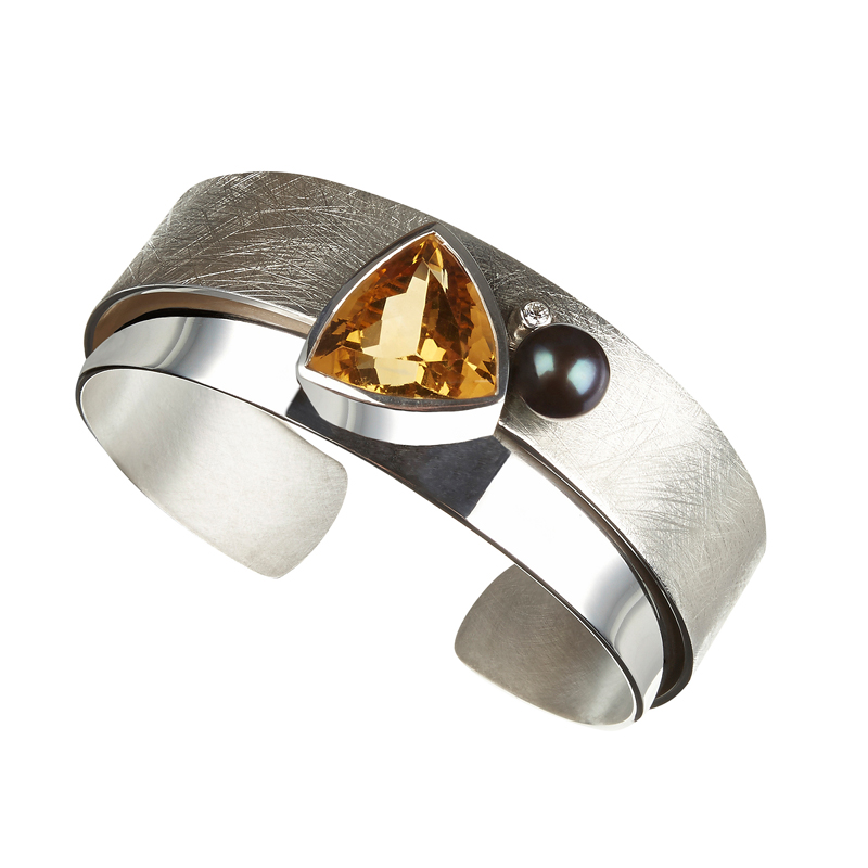 Silver cuff with pearl, citrine and diamond