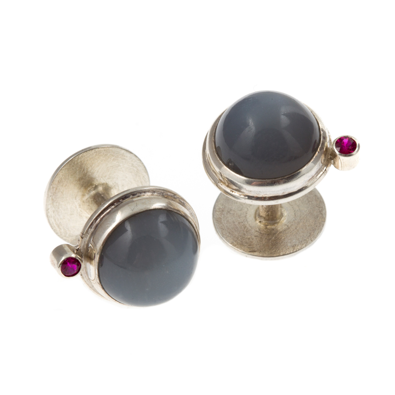 Silver cufflinks with moonstone and ruby