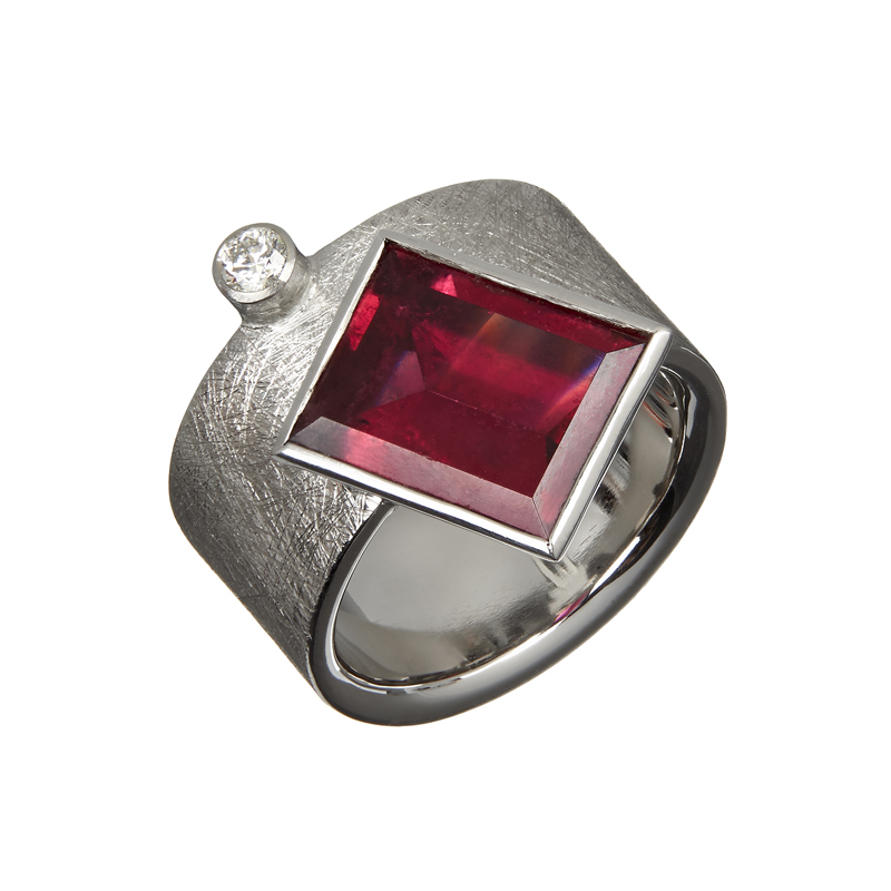 Palladium ring with rubelite and diamond